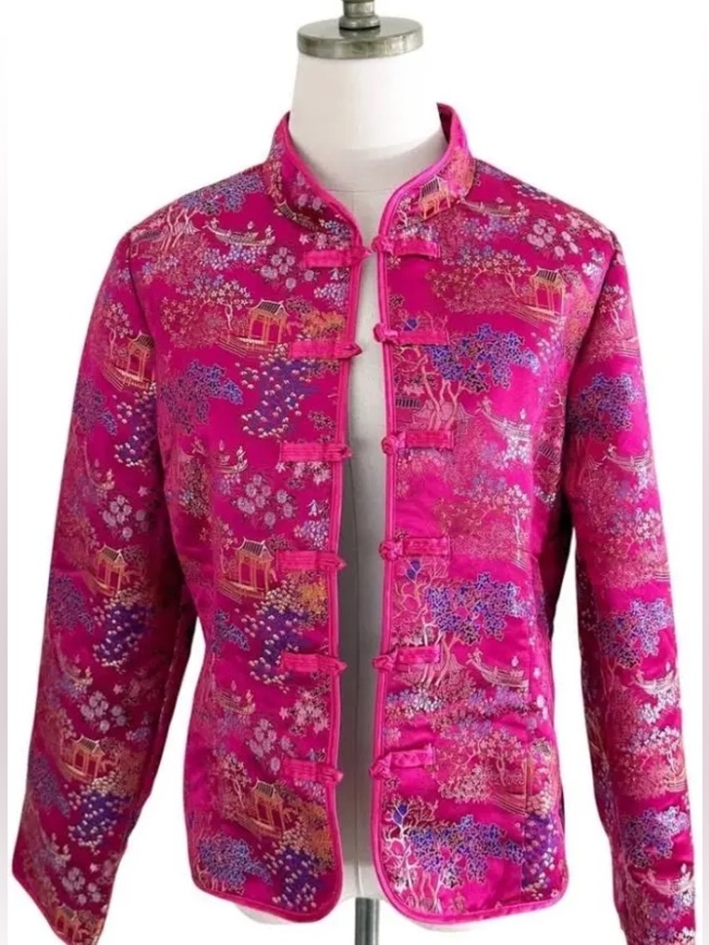 Y2K Vintage Mandarin Collar Brocade Jacket - Fuchsia - Picture 2 of 10